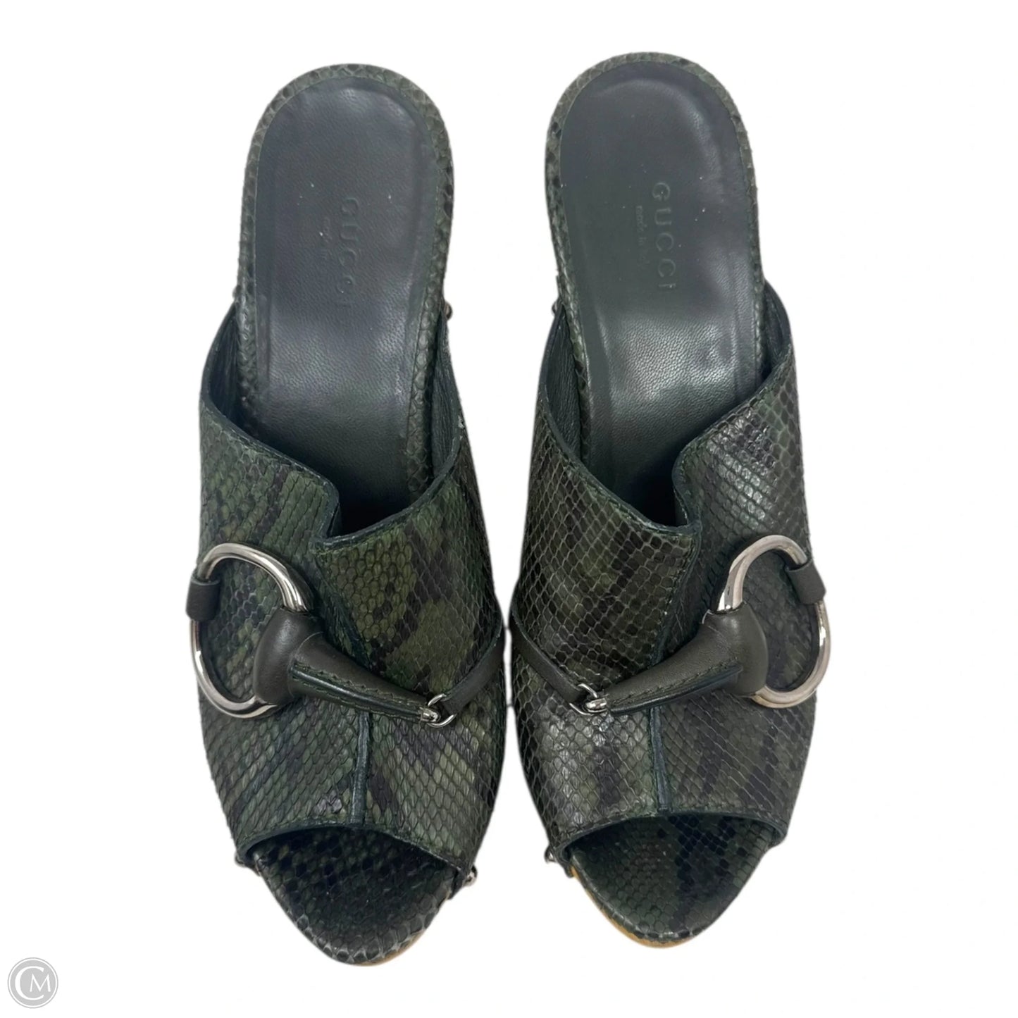 Python Buckle Peep Toe Wooden Heels Shoes Luxury Designer By Gucci In Snakeskin Print, Size: 9