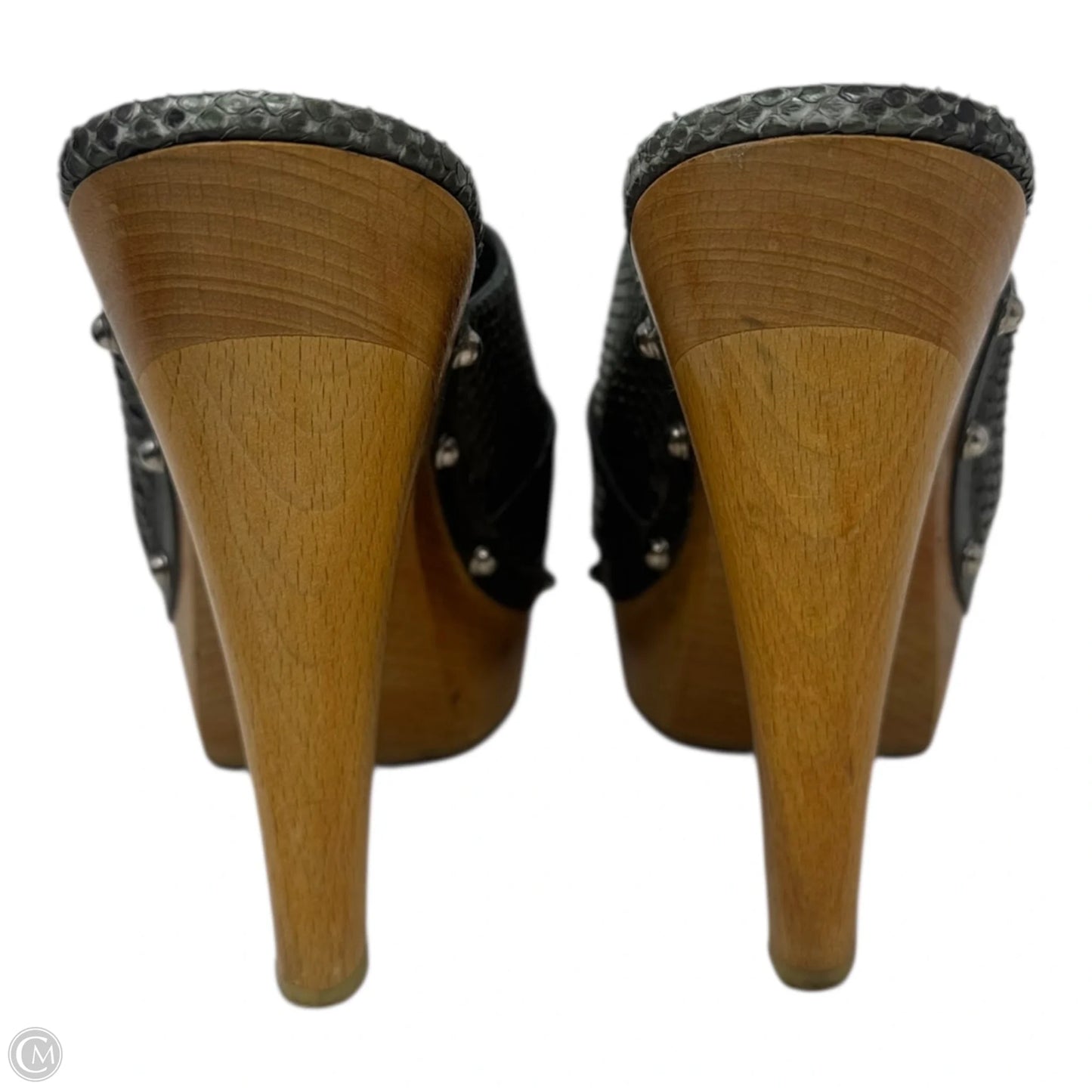 Python Buckle Peep Toe Wooden Heels Shoes Luxury Designer By Gucci In Snakeskin Print, Size: 9