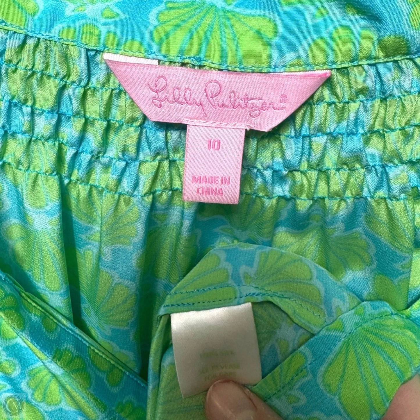 Silk Blouse Designer By Lilly Pulitzer In Blue & Green, Size: 10