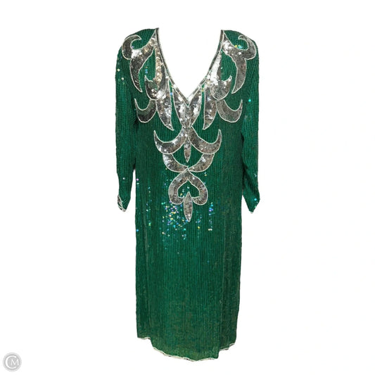 Vintage Silk Beaded & Sequined V Neck Midi Dress With Shoulder Pads By revival studio In Green, Size: M