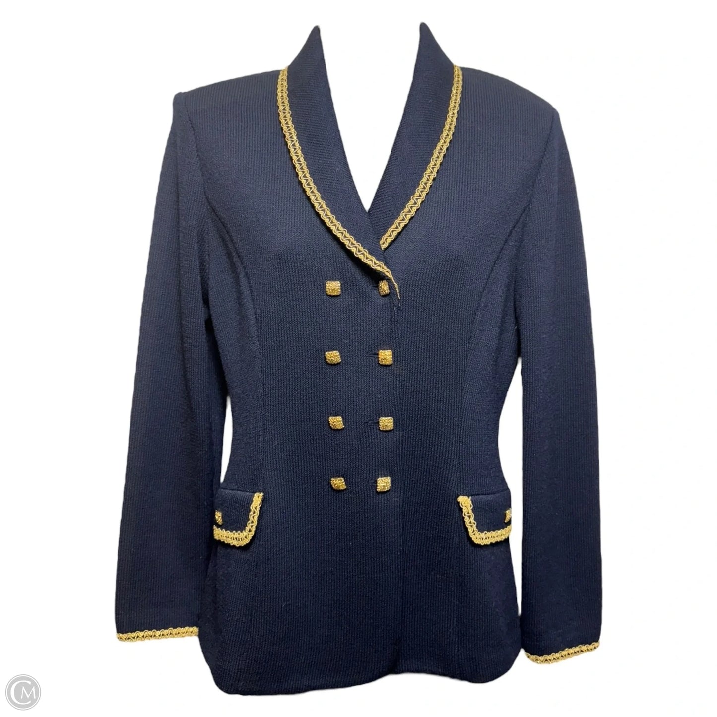 Knit Blazer Luxury Designer By St John Collection In Blue & Gold, Size: 4