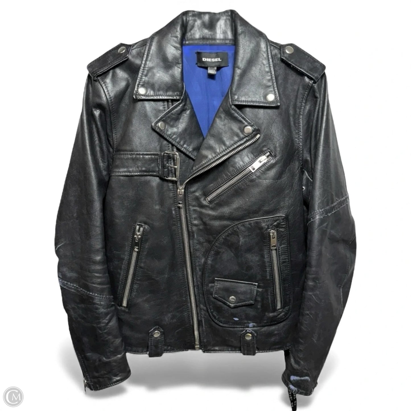 Leather Biker Jacket With Studs By Diesel In Black, Size: M