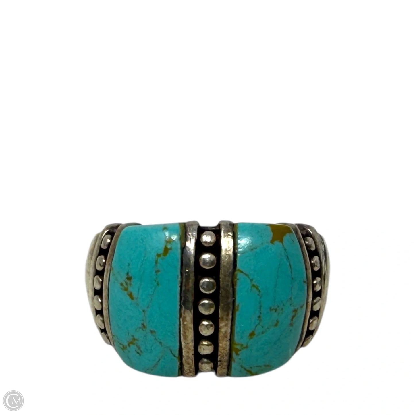 Native Sterling Silver Ring with Two Turquoise Cabochons, Size: 7