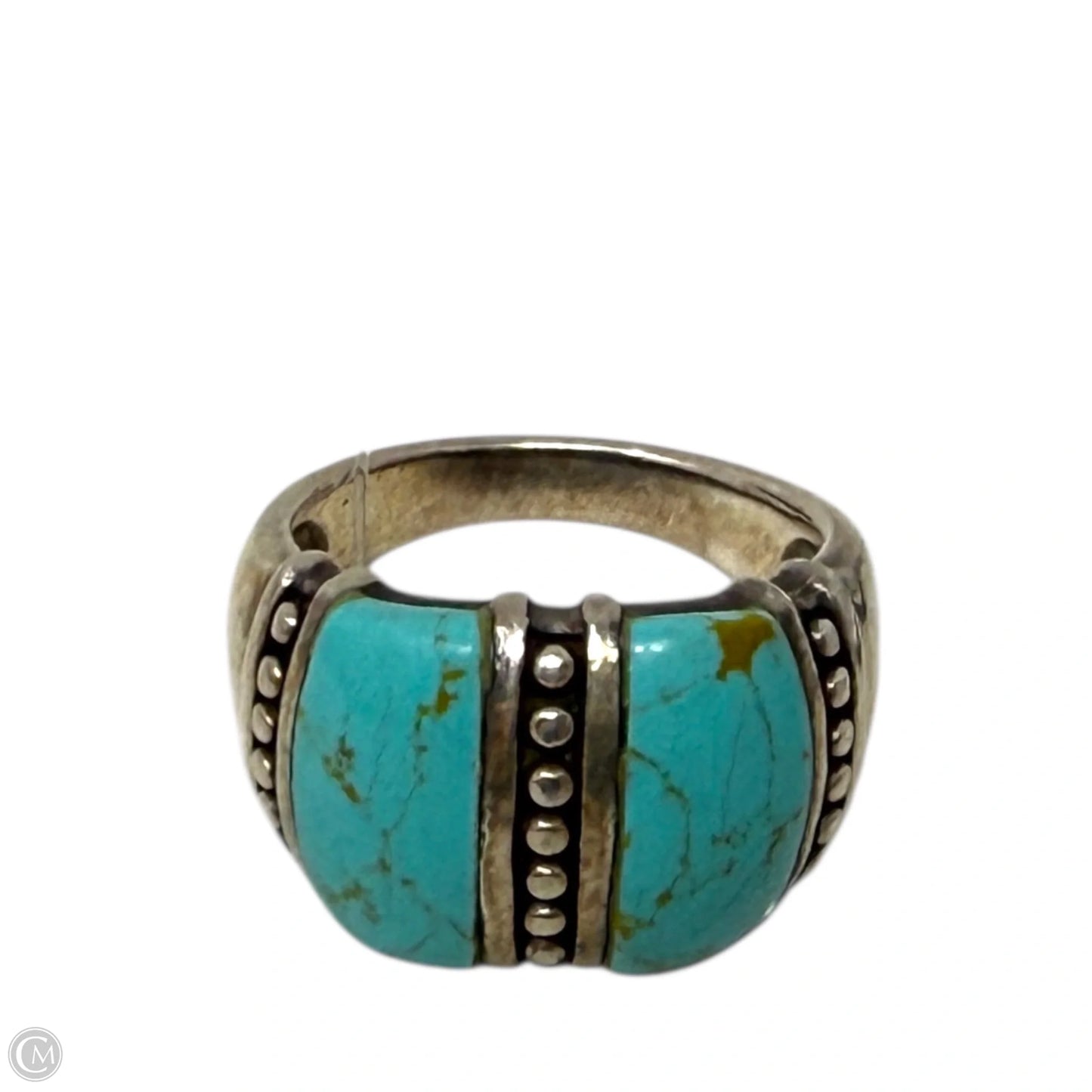 Native Sterling Silver Ring with Two Turquoise Cabochons, Size: 7