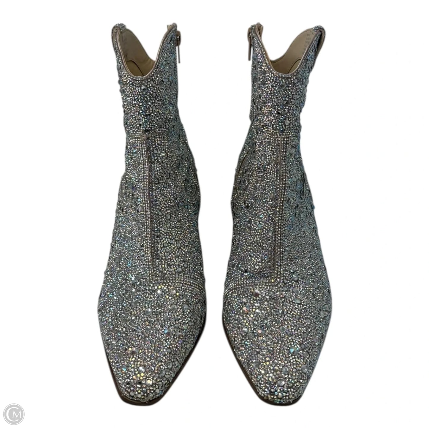 Diva Bedazzled Boots Ankle Heels By Betsey Johnson In Silver, Size: 9