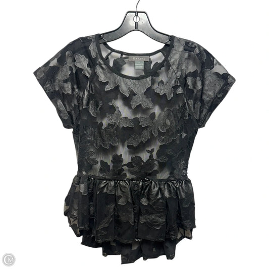 Floral Lace Mesh Peplum Blouse With Cap Sleeves By Gracia In Black, Size: S