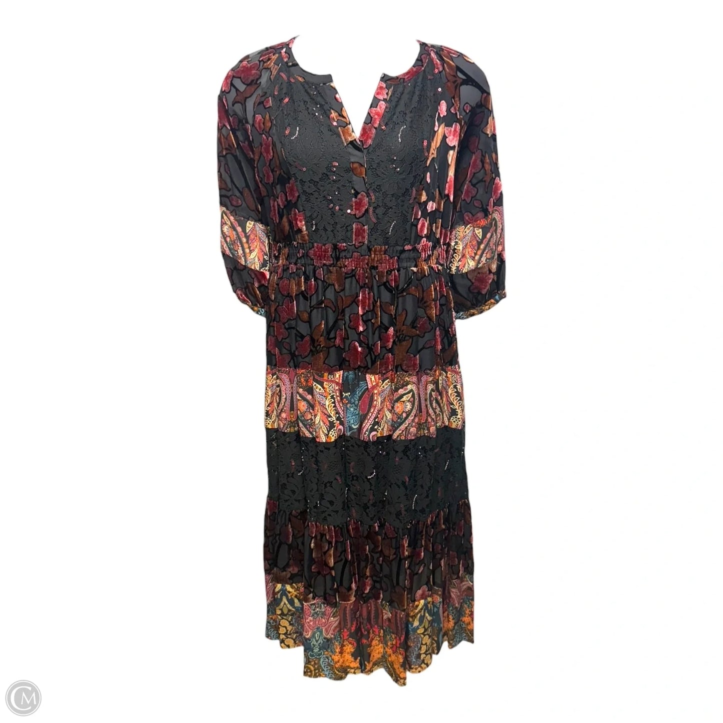 Burnout Velvet Printed Tiered Y-Neck 3/4 Sleeve Dress By John Mark In Multi-colored, Size: M
