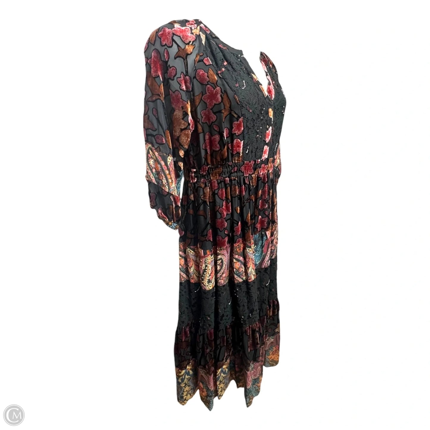 Burnout Velvet Printed Tiered Y-Neck 3/4 Sleeve Dress By John Mark In Multi-colored, Size: M