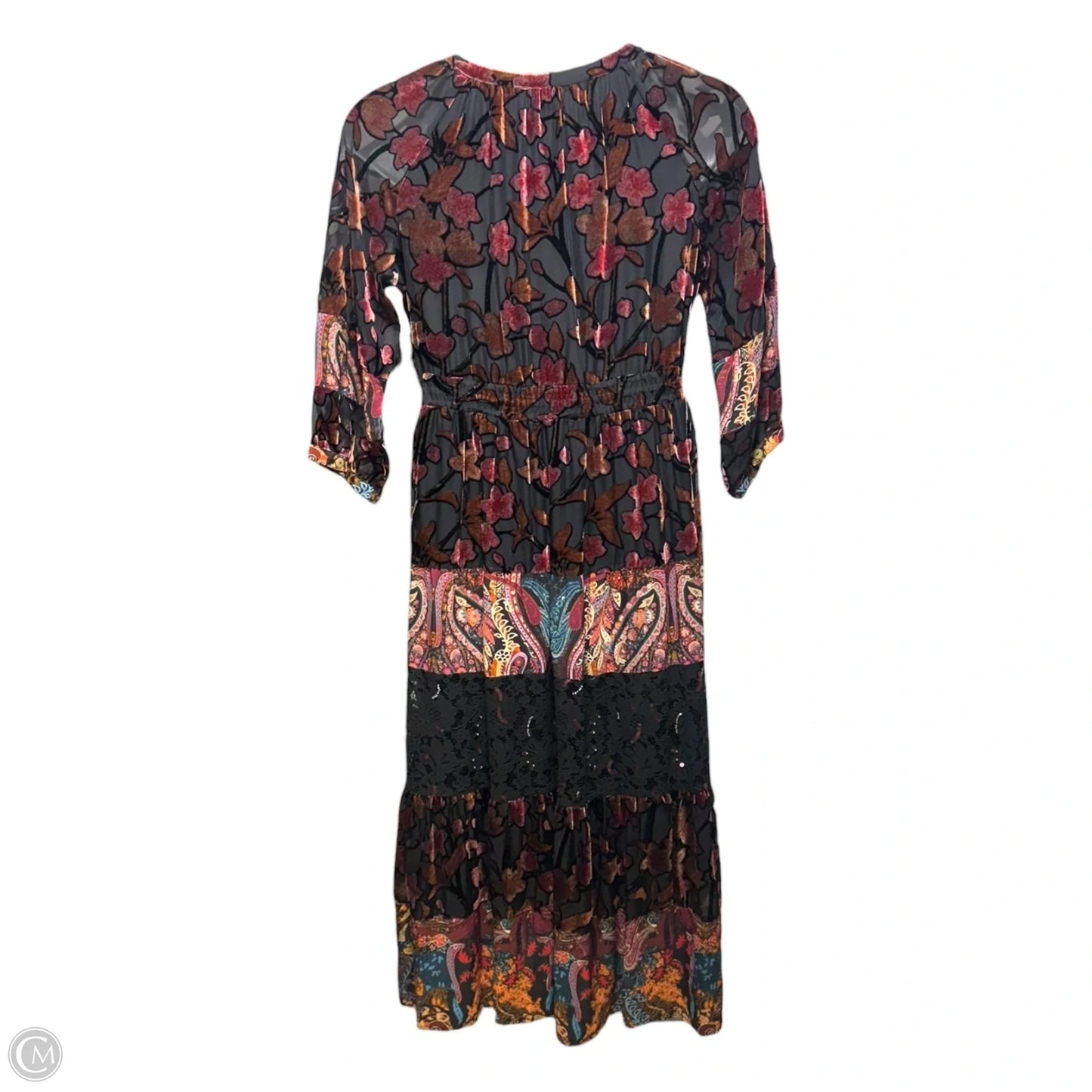 Burnout Velvet Printed Tiered Y-Neck 3/4 Sleeve Dress By John Mark In Multi-colored, Size: M
