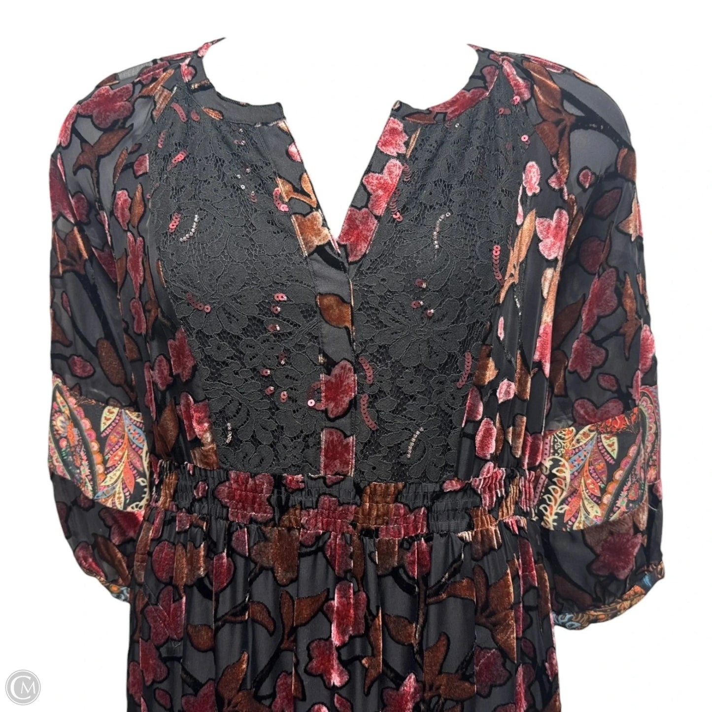 Burnout Velvet Printed Tiered Y-Neck 3/4 Sleeve Dress By John Mark In Multi-colored, Size: M