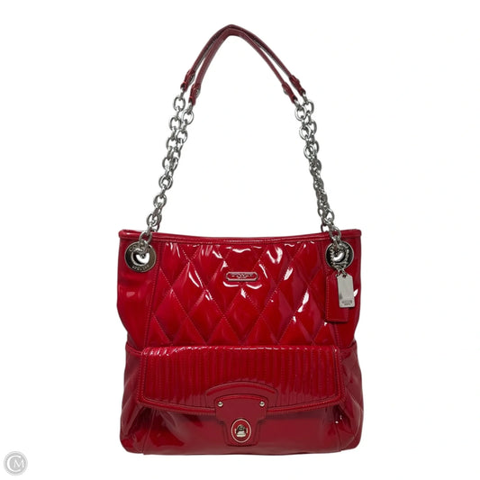 Poppy Liquid Gloss Patent Leather Quilted Shoulder Bag Designer By Coach, Size: Medium
