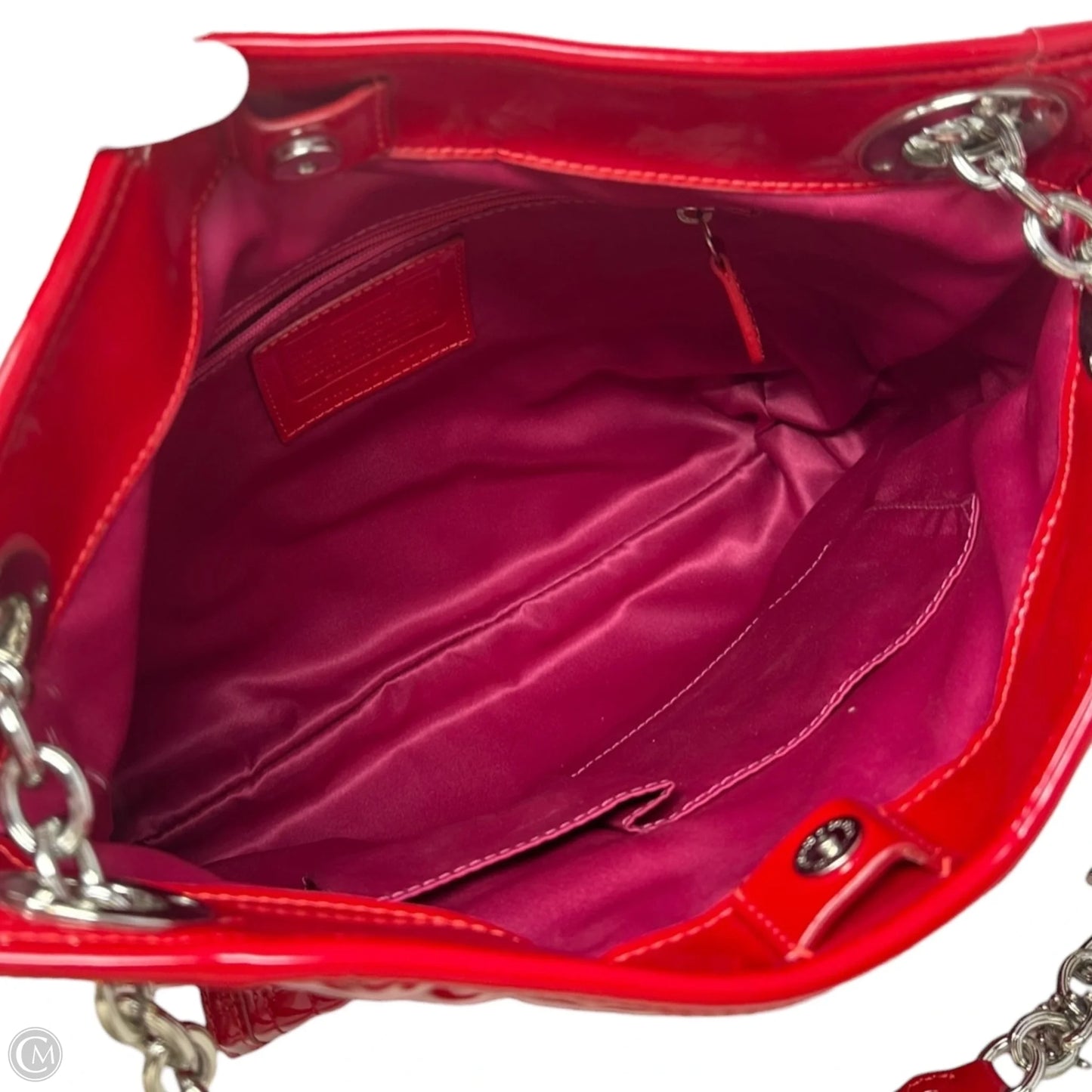 Poppy Liquid Gloss Patent Leather Quilted Shoulder Bag Designer By Coach, Size: Medium