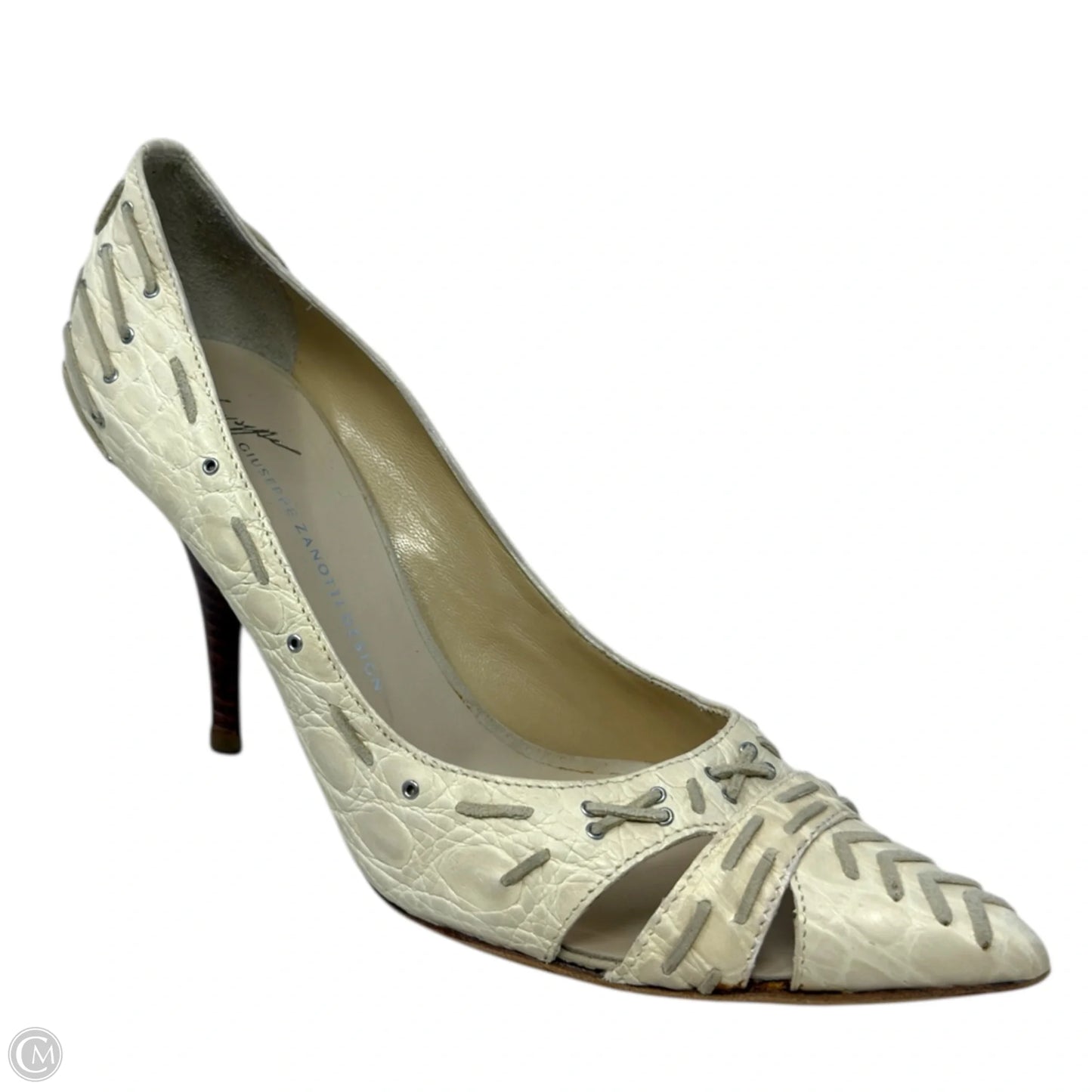 Vintage Vicini Croc Embossed Lace Detail Cutout Stiletto Pumps Designer By Giuseppe Zanotti In Cream, Size: 7