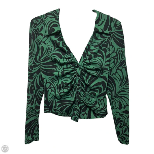 Ruched Front Button-Down Long Sleeve Top By Maeve In Black & Green, Size: S