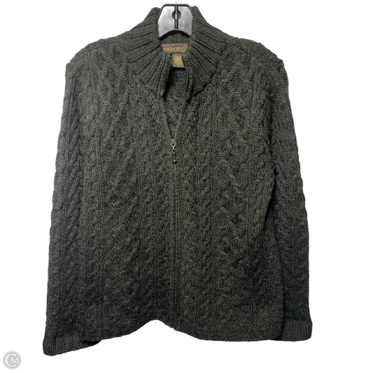 100% Merino Wool Cable Knit Zip Front Cardigan Sweater By Inis Crafts Ireland In Green, Size: S