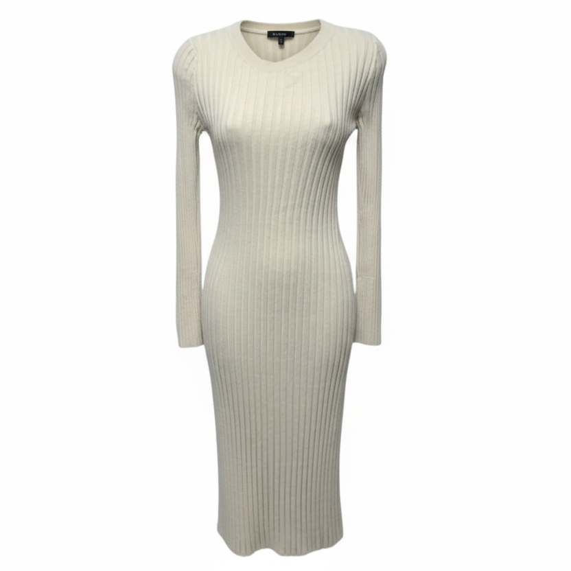 Cotton Cashmere Ribbed Long Sleeve Crew Midi Dress By Quince In Heather Oatmeal, Size: XS