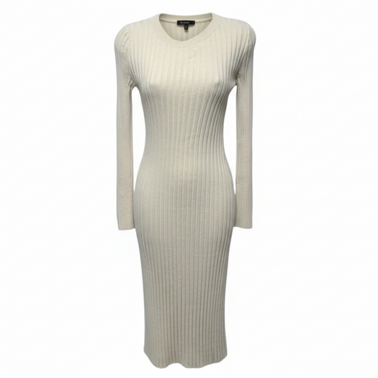 Cotton Cashmere Ribbed Long Sleeve Crew Midi Dress By Quince In Heather Oatmeal, Size: XS