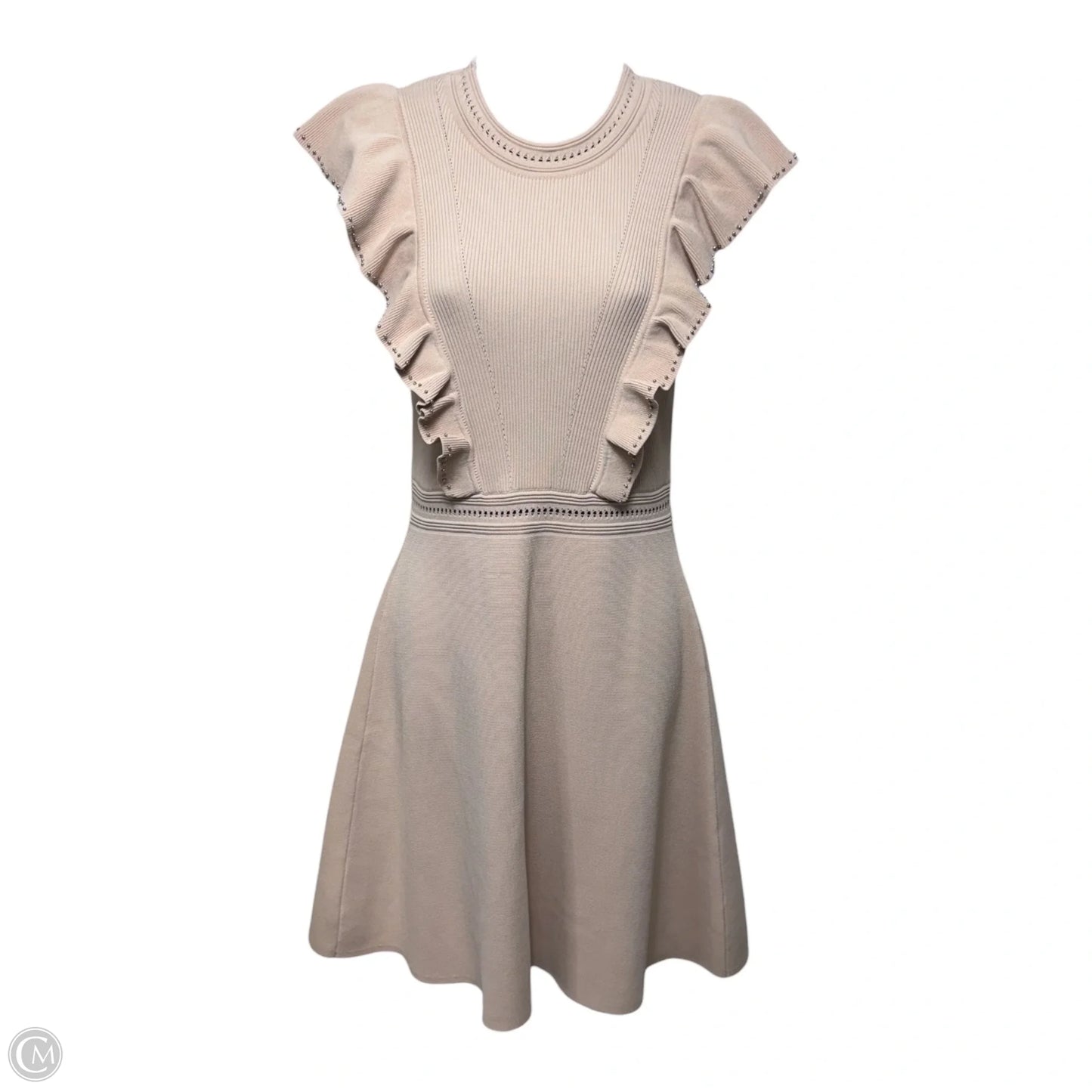 Tilla Ruffle-Trimmed Embellished Ribbed-Knit Mini Dress Designer By Sandro In Blush, Size: 6