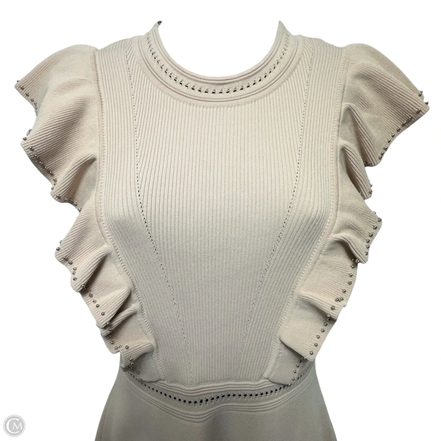 Tilla Ruffle-Trimmed Embellished Ribbed-Knit Mini Dress Designer By Sandro In Blush, Size: 6