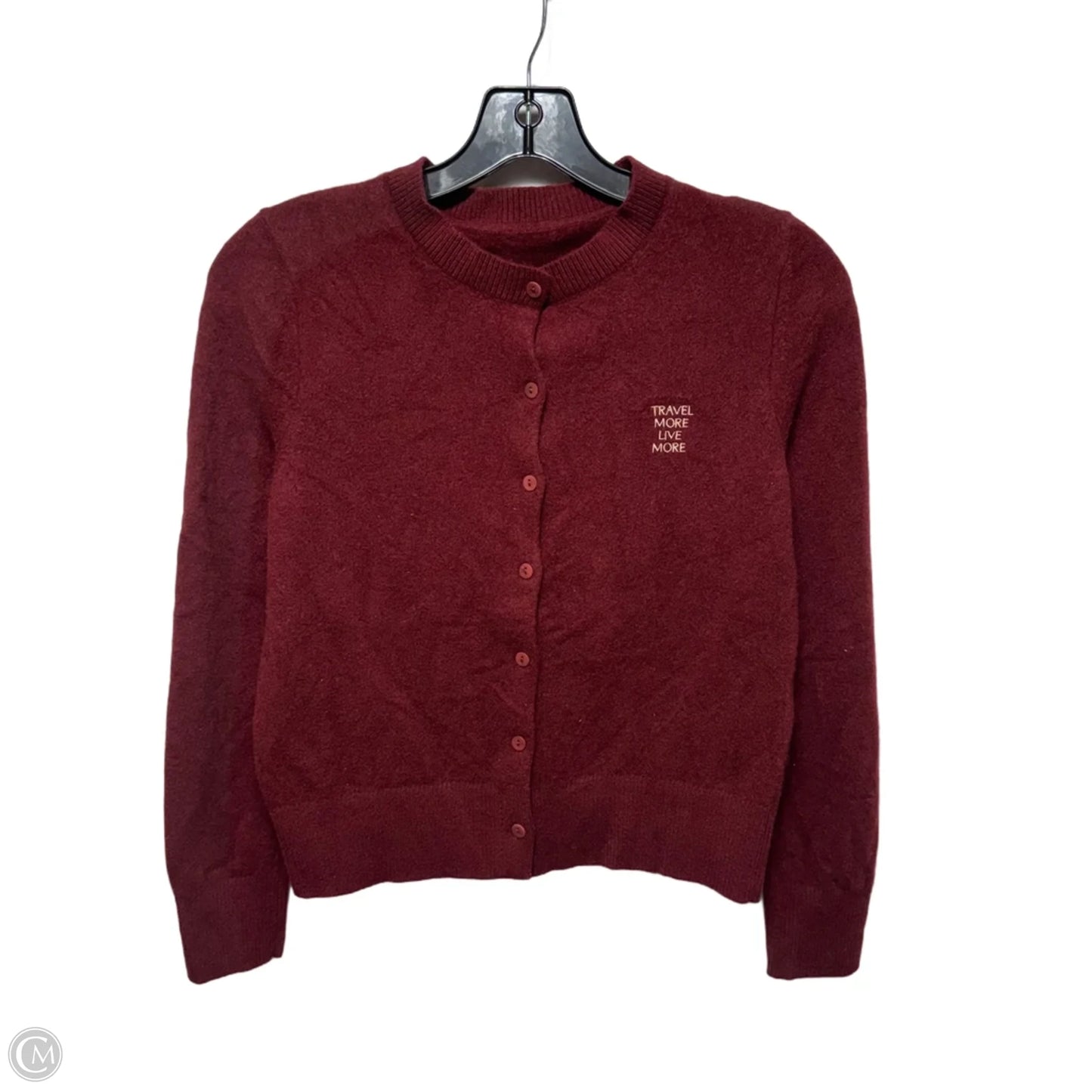 100% Wool Letter Embroidered Cardigan By Goelia In Maroon, Size: 6