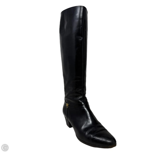 Leather Riding Boots With Gold Tone Buckle Detail Luxury Designer By Ferragamo In Black, Size: 8