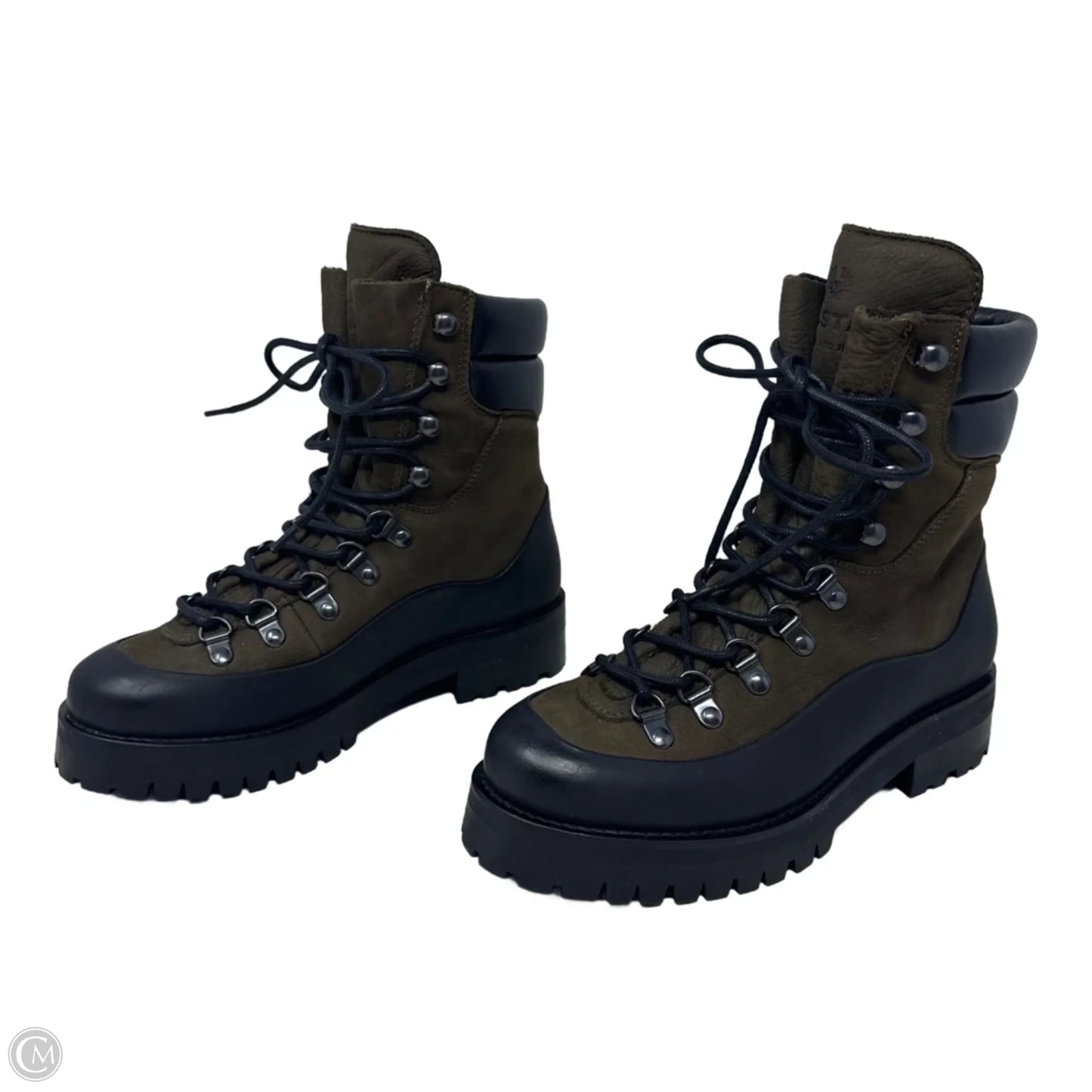 Lace Up Mountain Boots Ankle Flats By Belstaff In Black & Green, Size: 6