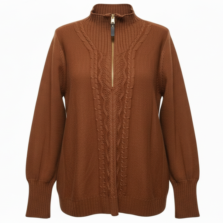 Estate Cable Knit Half Zip Pullover Sweater By Isaac Mizrahi In Brown, Size: 1X