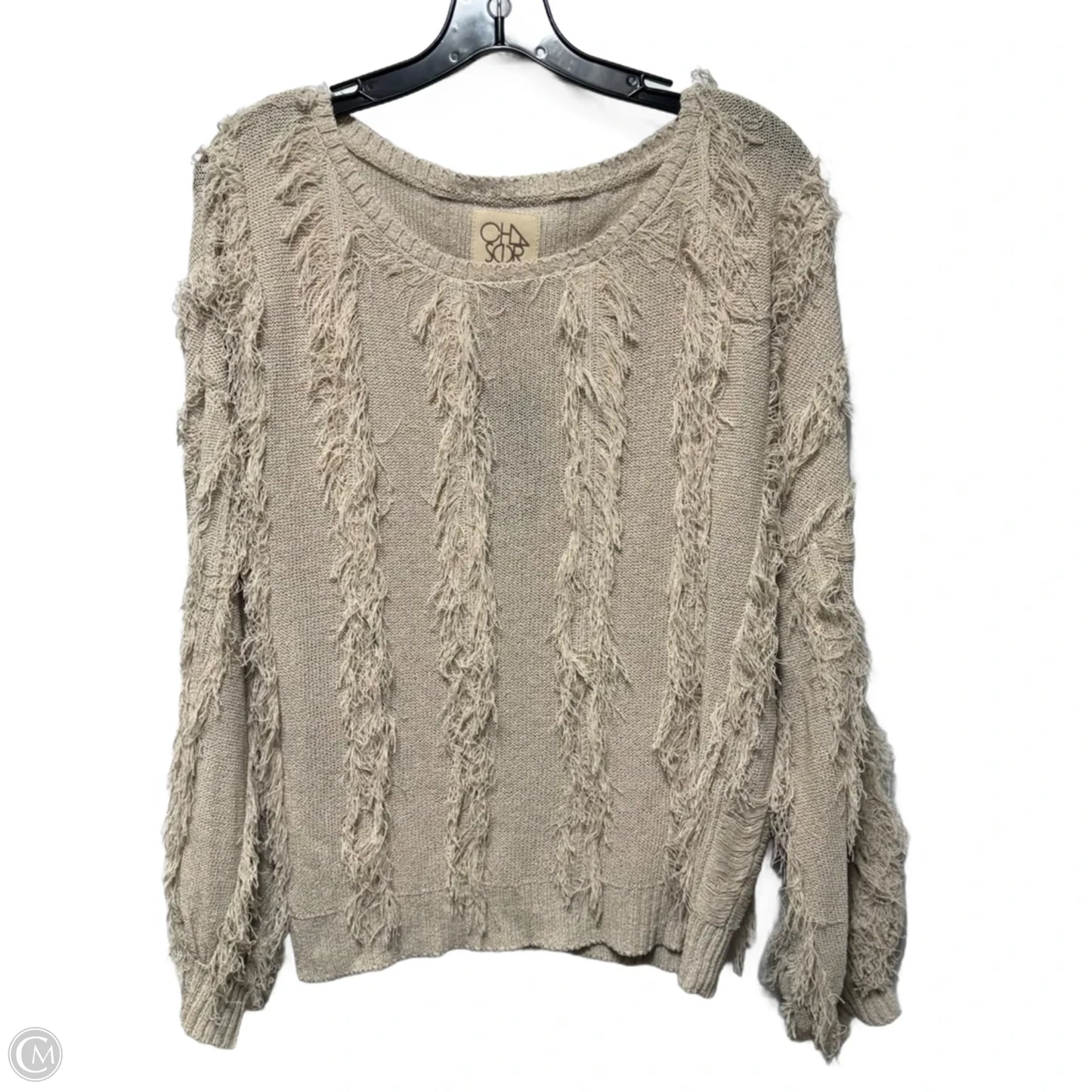 Fringe Blouson Sleeve Pullover Sweater By Chaser In Taupe, Size: M