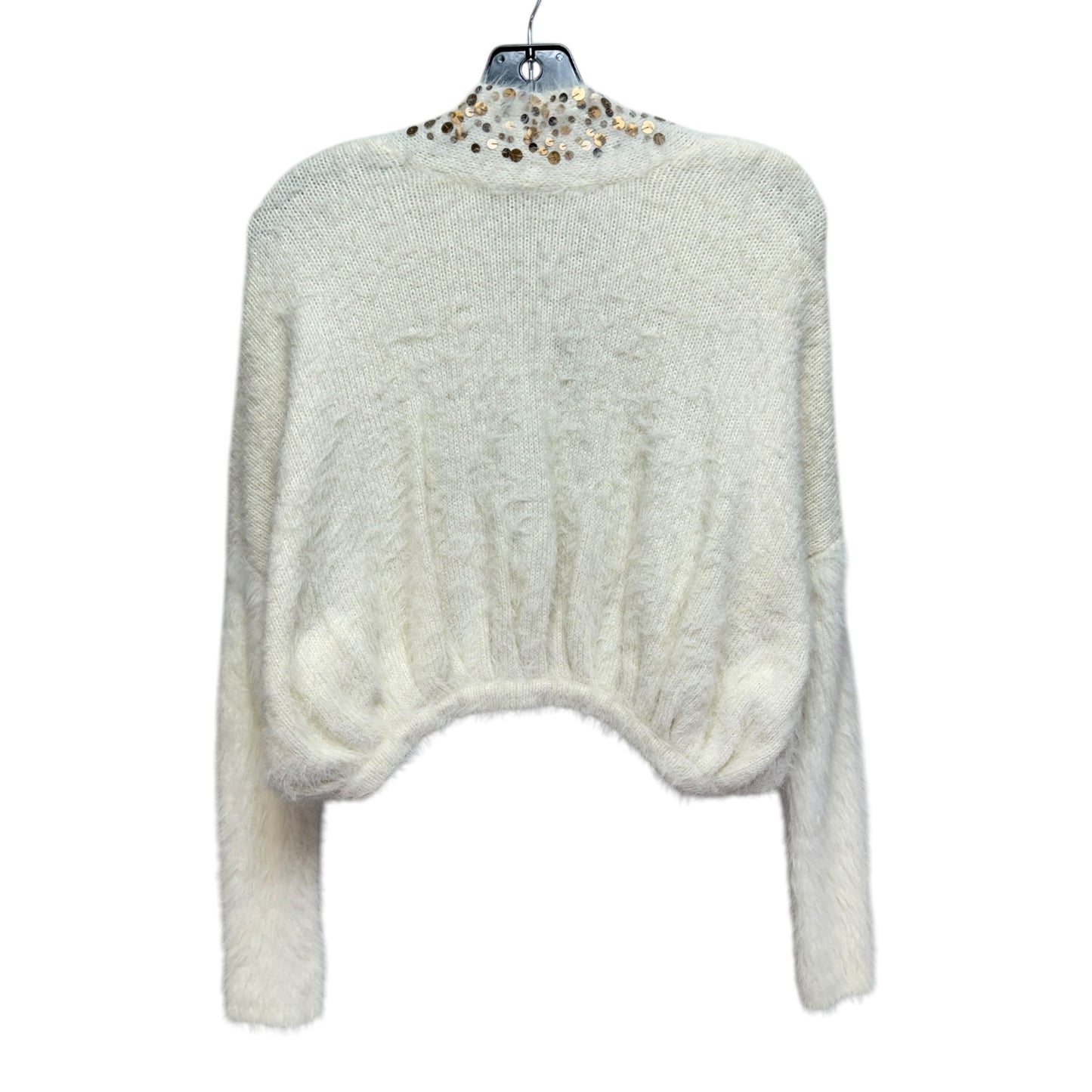 Sequined Cropped Sweater Cardigan By Knitted And Knotted In Cream, Size: S