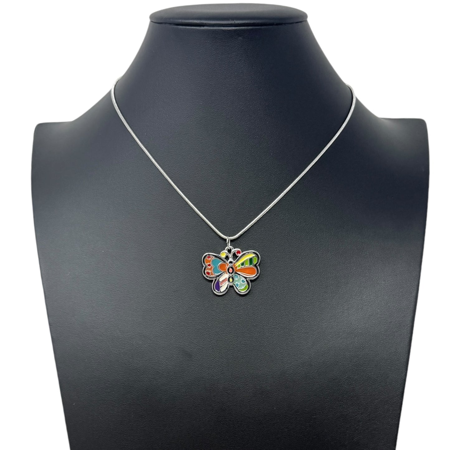 Enamel Silver Plated Butterfly Pendant Necklace By Unbranded