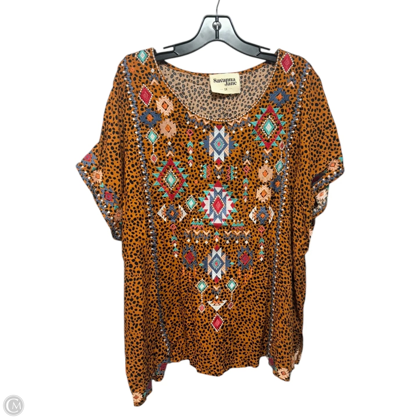 Embroidered Top Short Sleeve By Savanna Jane In Animal Print, Size: 1x