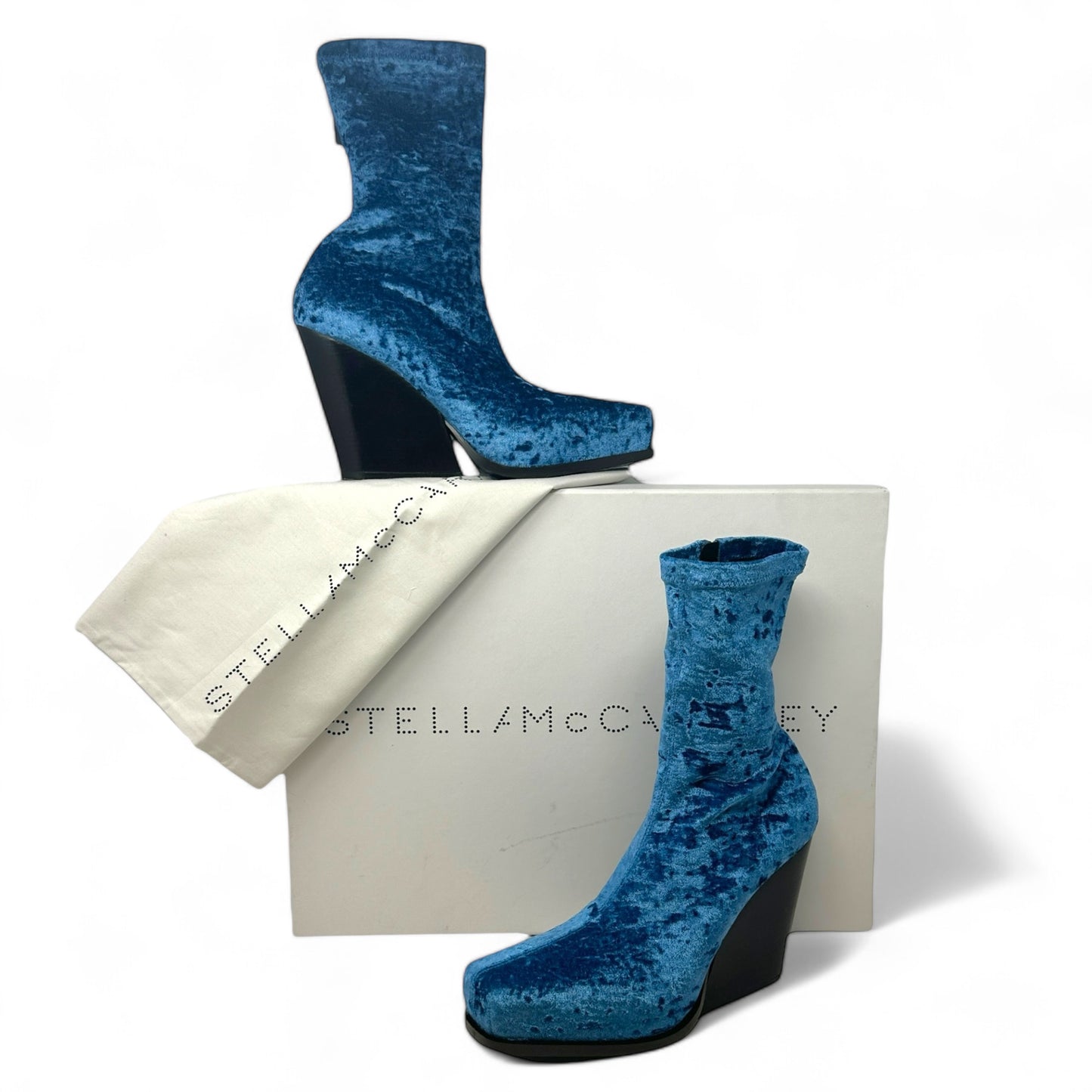 Cowboy Crushed Velvet Ankle Boots Luxury Designer In  By Stella Mccartney In Blue Lagoon, Size: US-8.5/EU-39