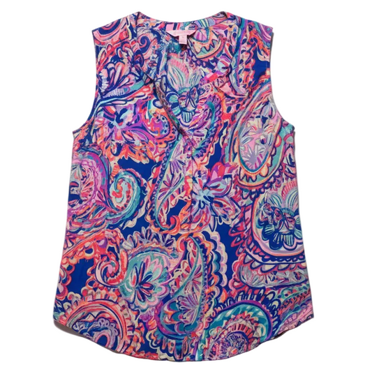 Sleeveless Stacey Top Designer By Lilly Pulitzer In Blue Currant Drop Me A Lime, Size: S