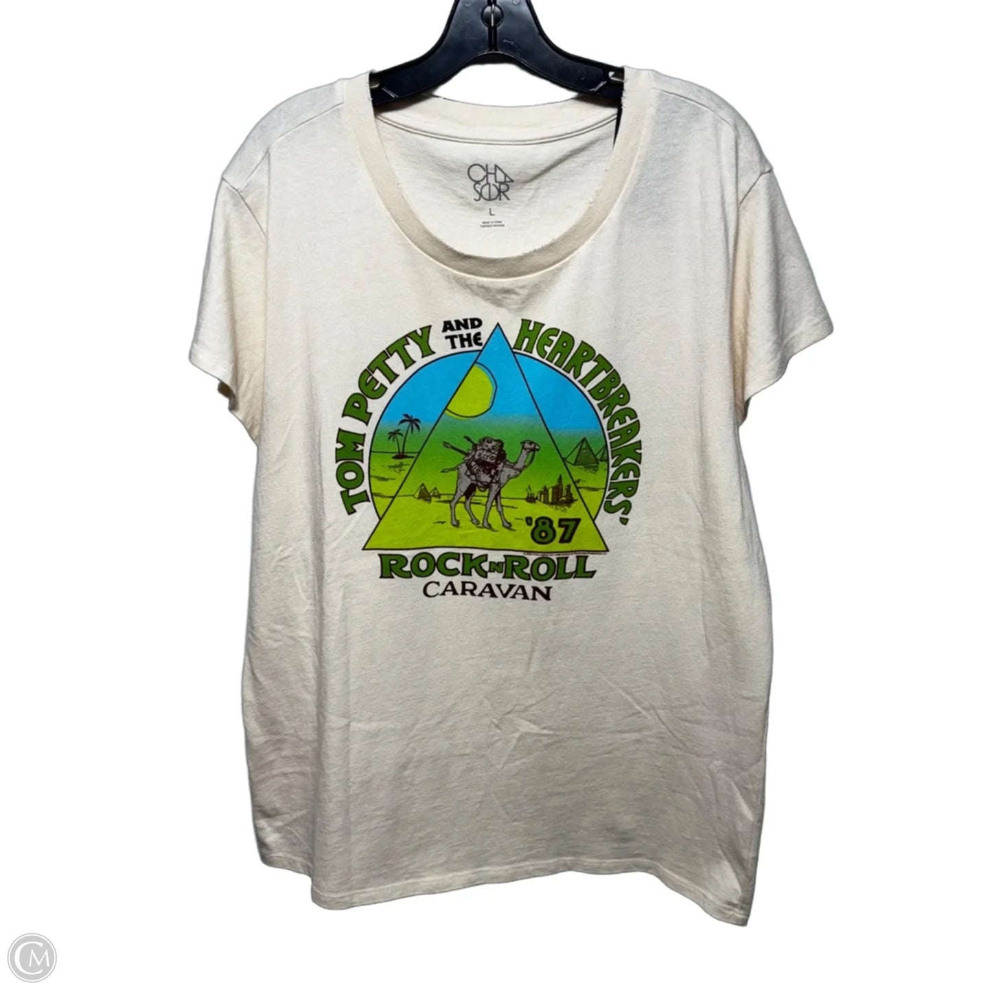 Tom Petty Top Short Sleeve By Clothes Mentor In Cream & Green, Size: L