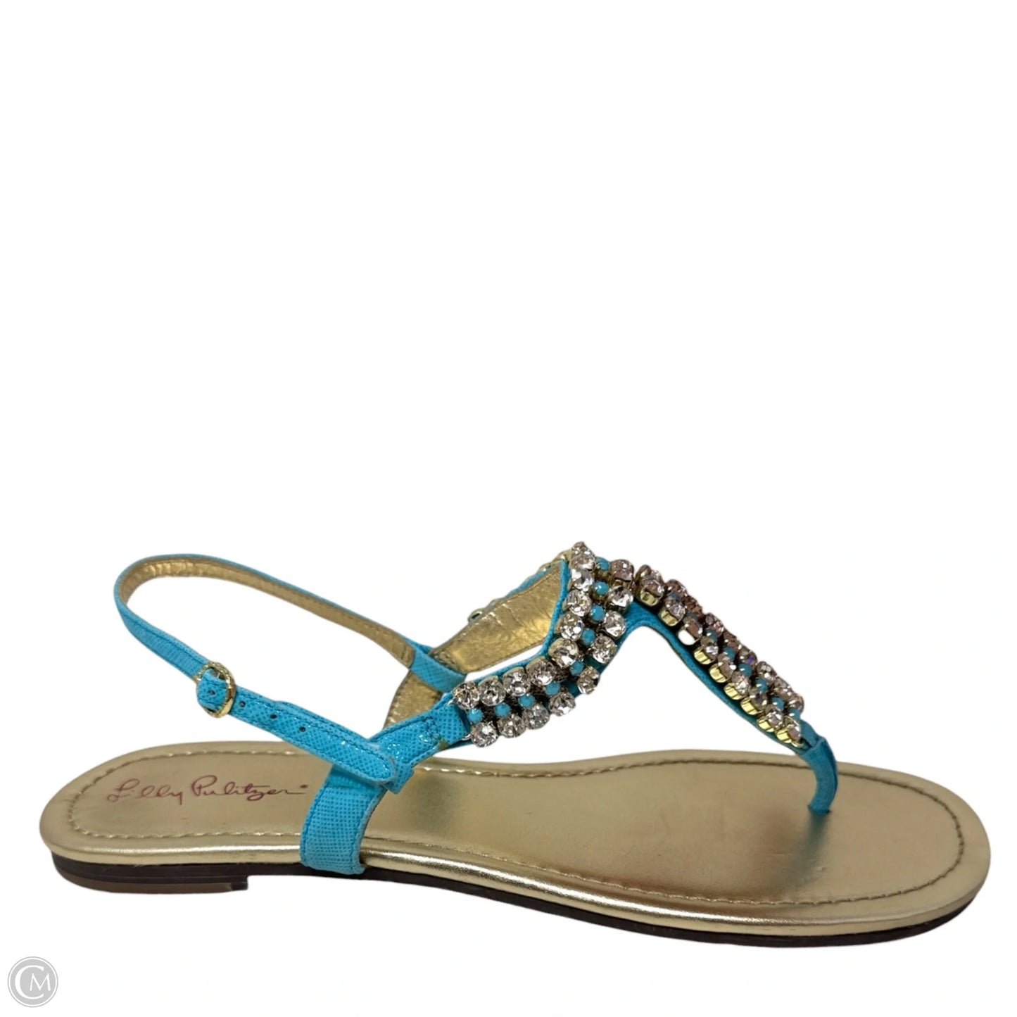 Rhinestone Embellished Thong Sandals Designer By Lilly Pulitzer In Blue & Gold, Size: 9.5