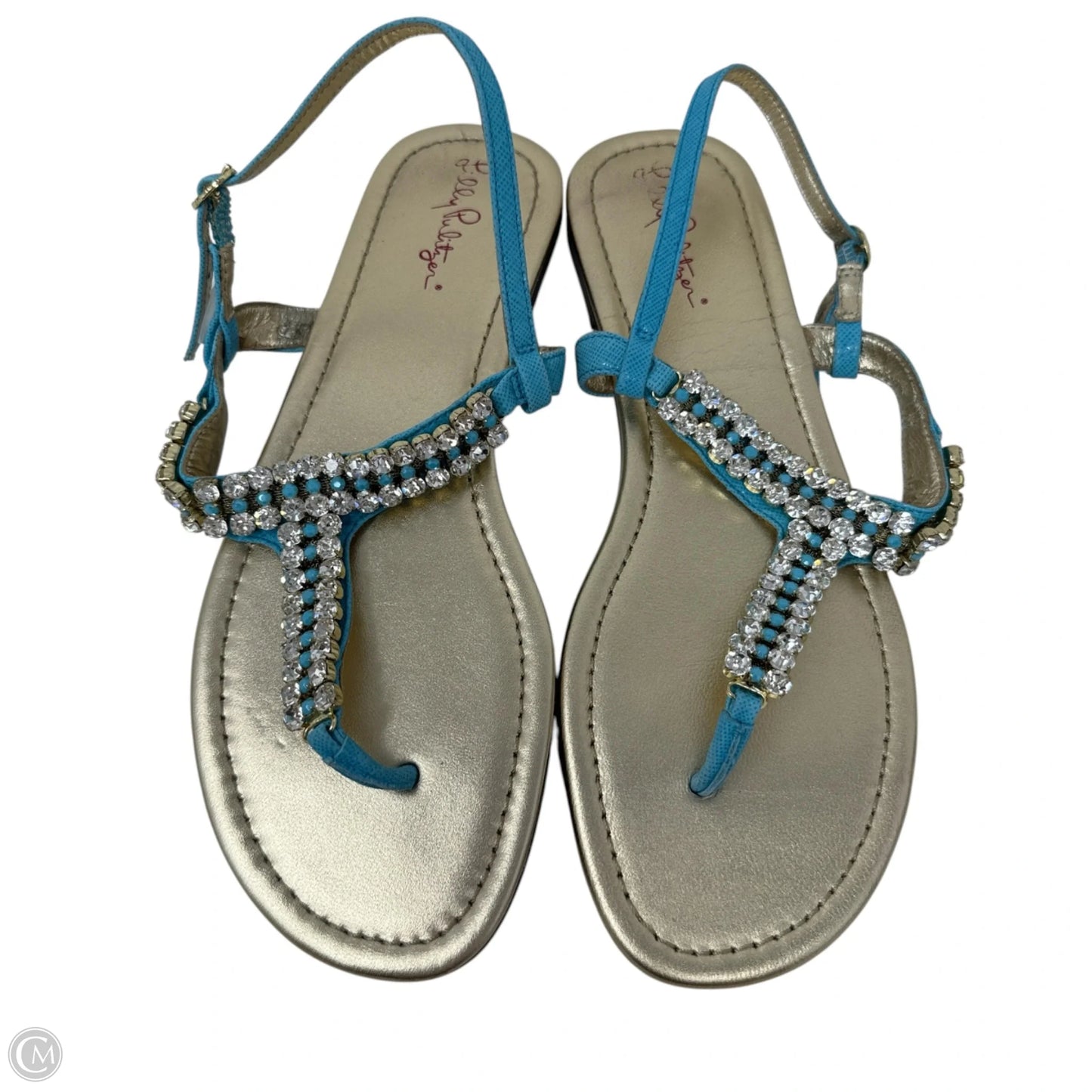 Rhinestone Embellished Thong Sandals Designer By Lilly Pulitzer In Blue & Gold, Size: 9.5