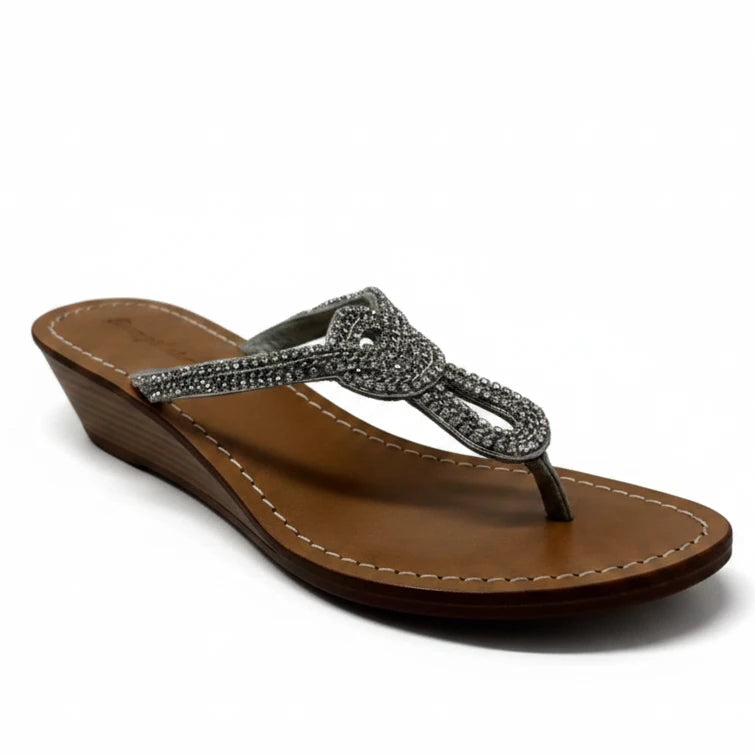 Jeweled Wedge Thong Sandals By Tommy Bahama In Tan & Silver, Size: 10