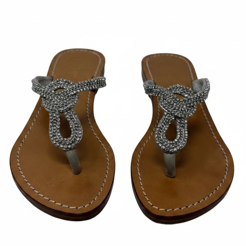 Jeweled Wedge Thong Sandals By Tommy Bahama In Tan & Silver, Size: 10