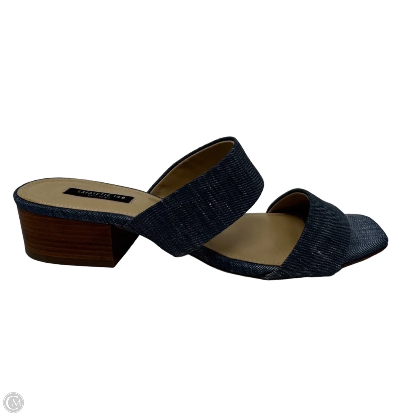 Denim Block Heel Slide Sandals Designer By Lafayette 148 In Blue, Size: 8
