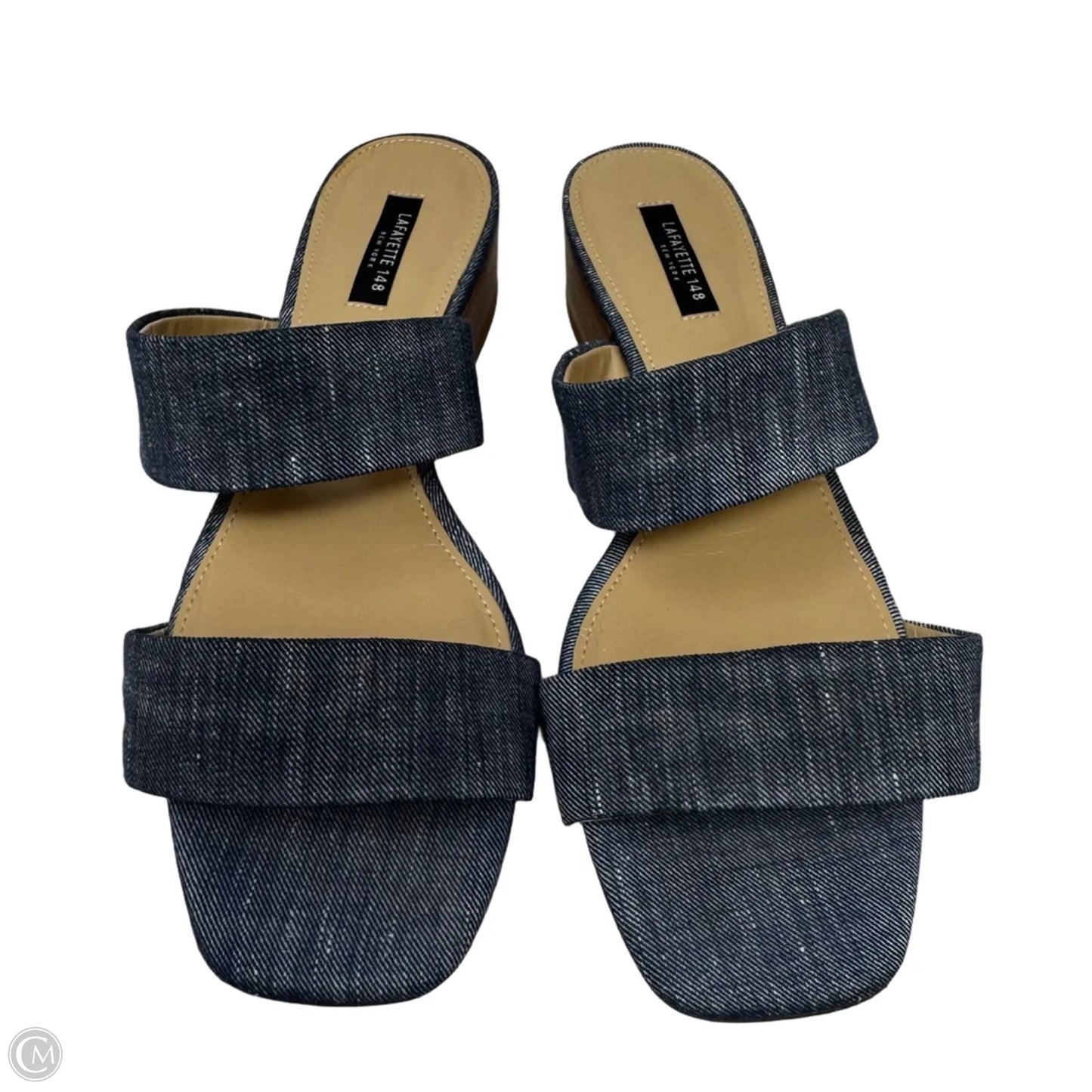 Denim Block Heel Slide Sandals Designer By Lafayette 148 In Blue, Size: 8