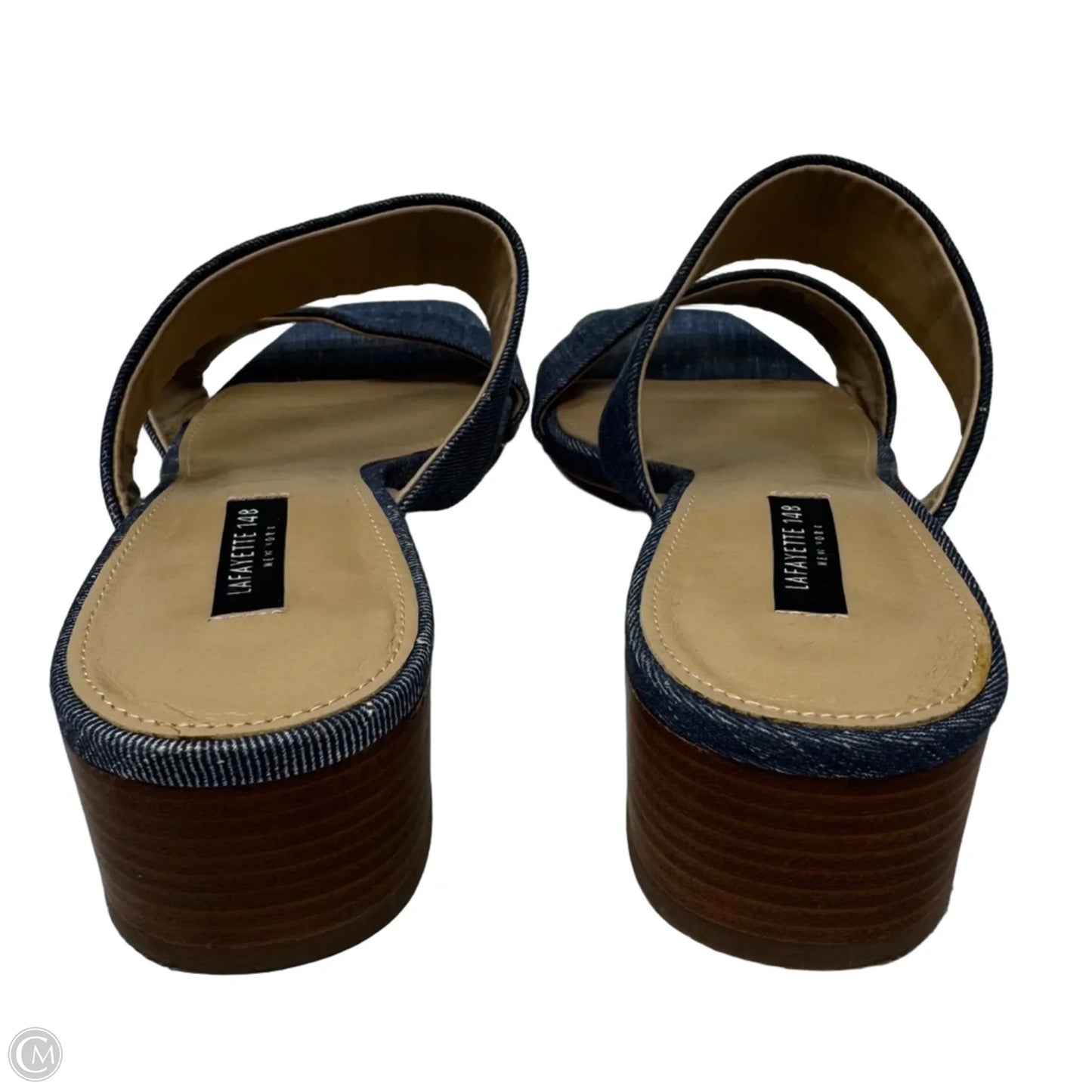 Denim Block Heel Slide Sandals Designer By Lafayette 148 In Blue, Size: 8