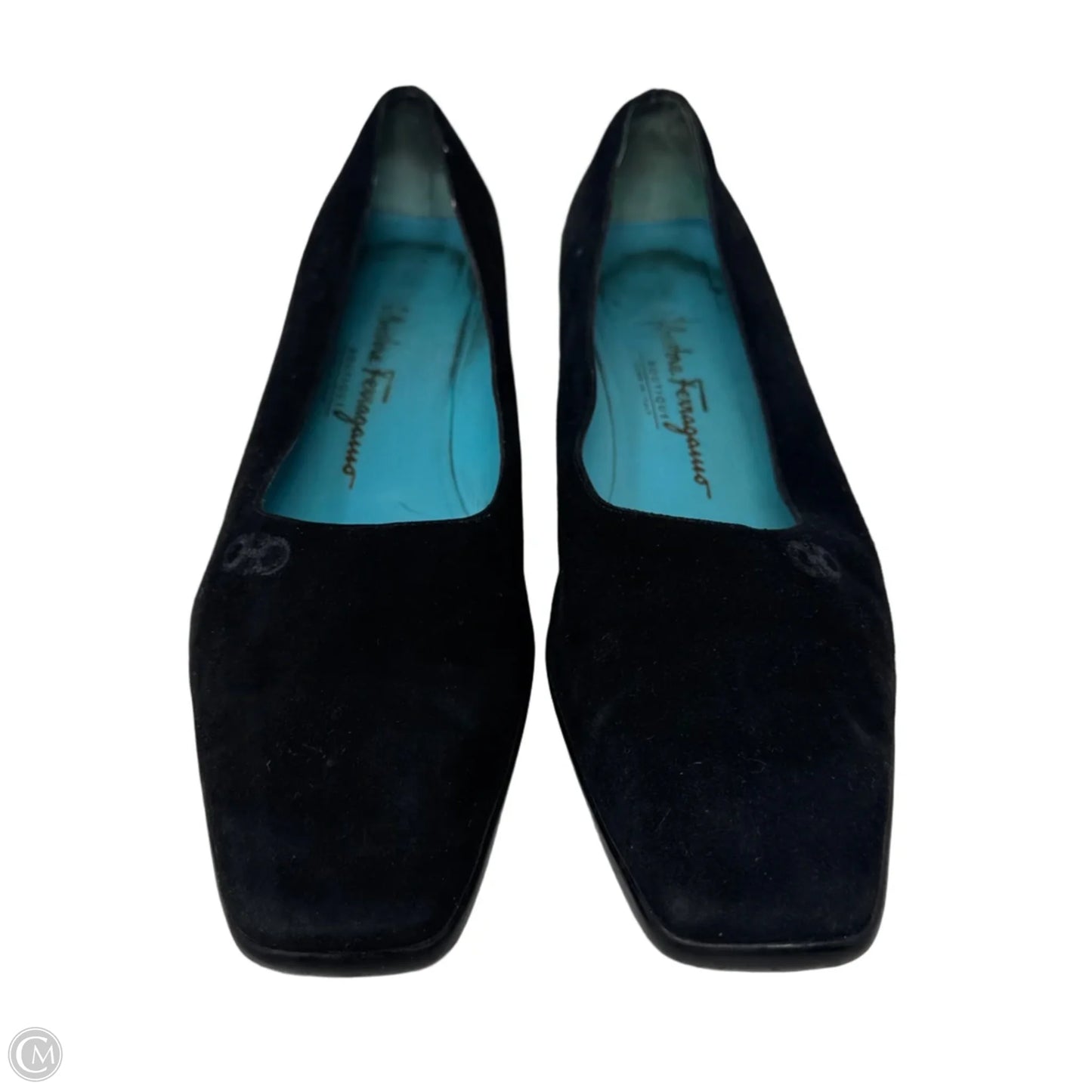 Suede Square Toe Block Heel Shoes Luxury Designer By Ferragamo In Black, Size: 10
