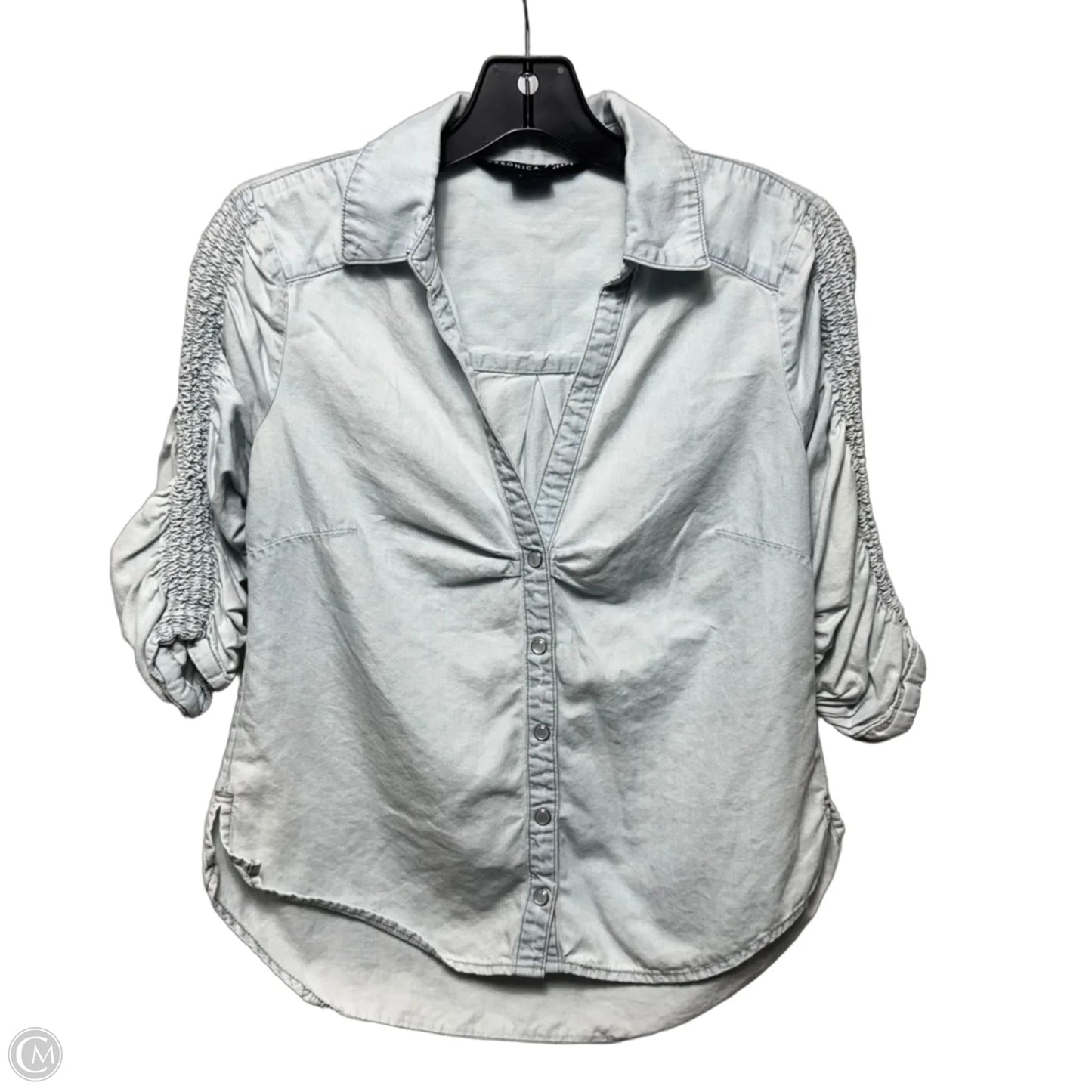Ruched Sleeve Top 3/4 Sleeve By Veronica Beard In Blue Denim, Size: 2