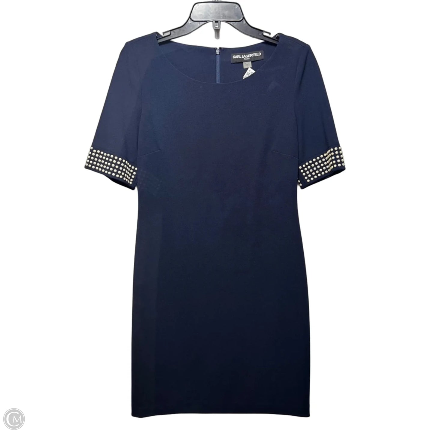 Athena Embellished Scuba Sheath Dress Designer By Karl Lagerfeld In Navy, Size: 6
