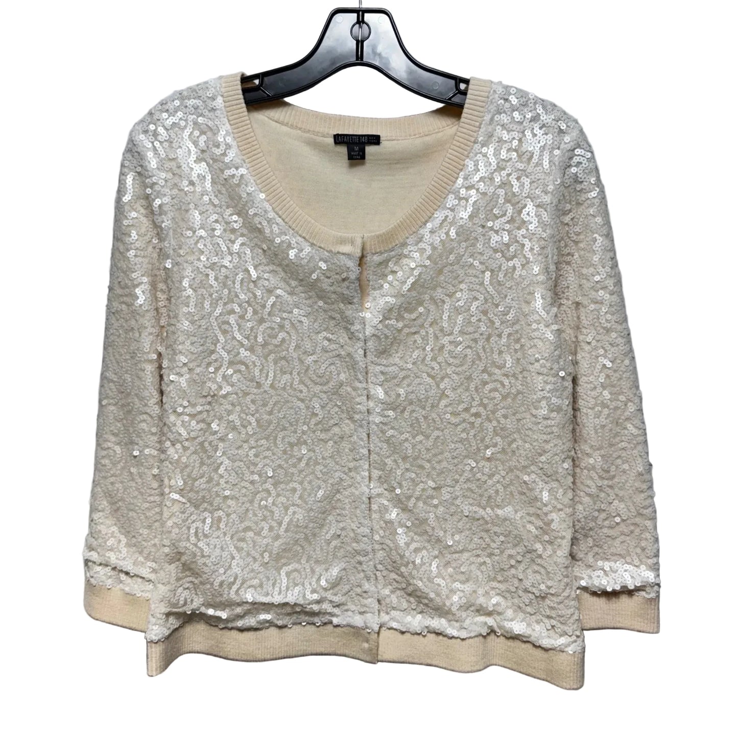 Sequin Wool Sweater Cardigan Designer By Lafayette 148 In Cream, Size: M