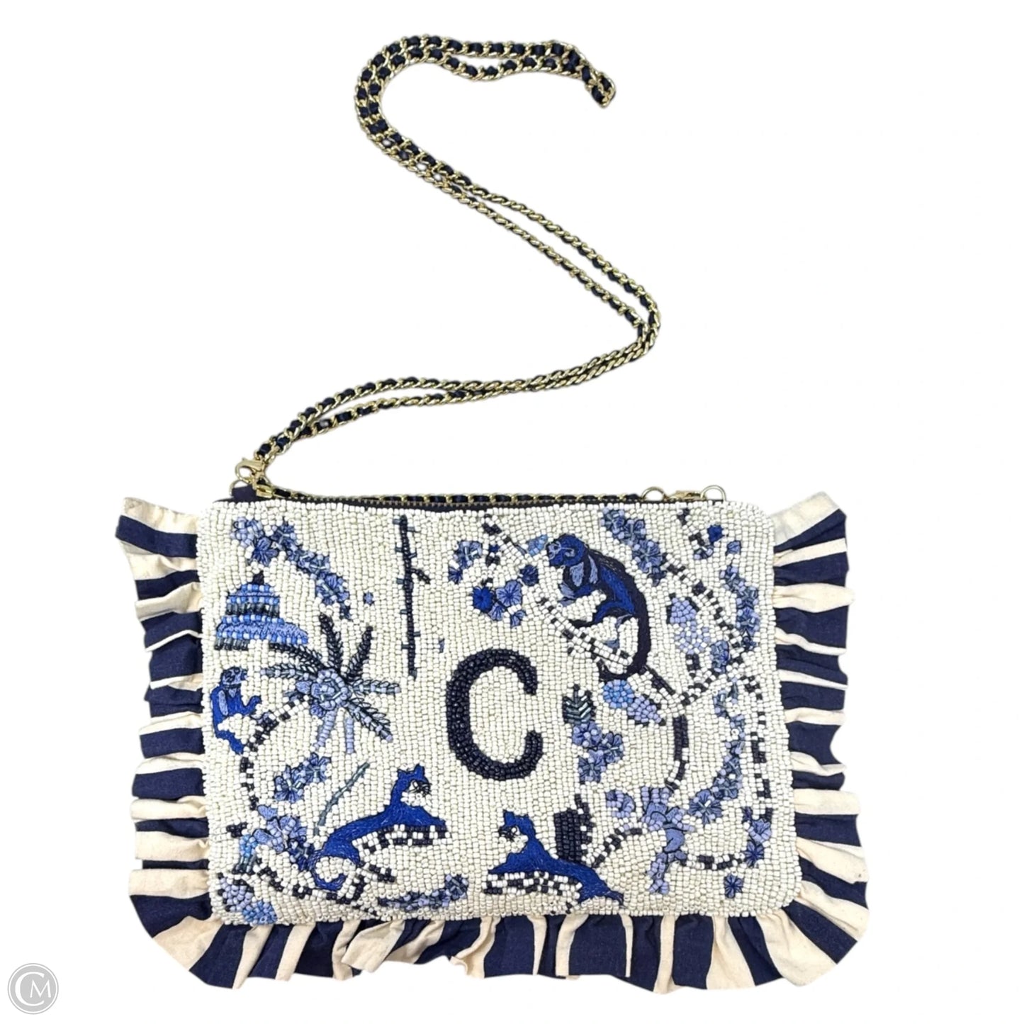 C Monogram Beaded Toile Clutch By Anthropologie X Anna Harlow, Size: Small