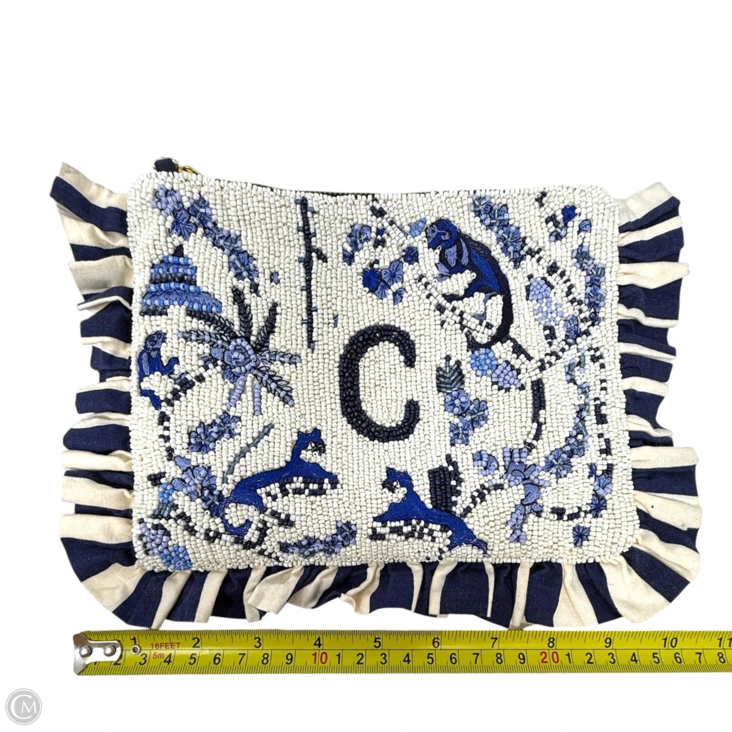 C Monogram Beaded Toile Clutch By Anthropologie X Anna Harlow, Size: Small