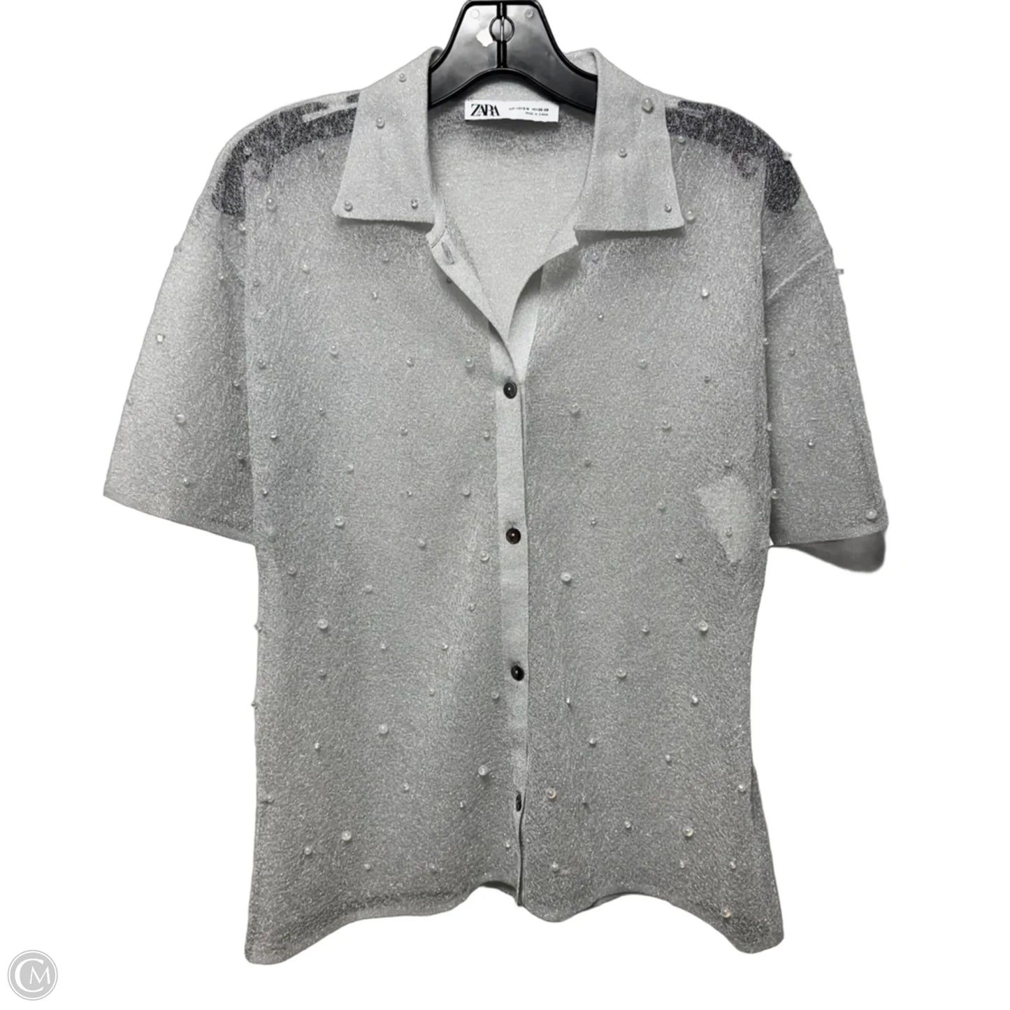 Sheer Embellished Top Short Sleeve By Zara In Silver, Size: M