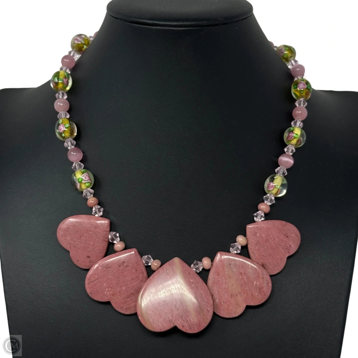 Pink Hearts of Stone & Floral Beaded Necklace Choker & Collar By Cmc