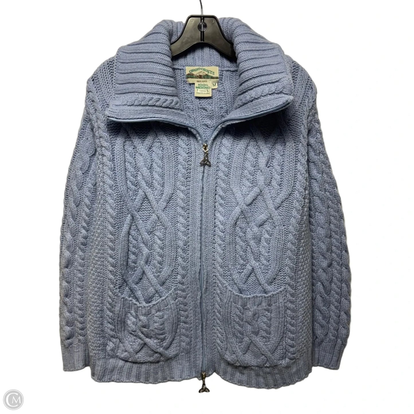 Cable Knit Merino Wool Zip Sweater Cardigan By Arancrafts In Blue, Size: M